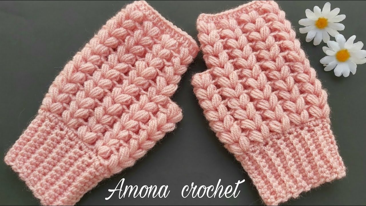 How to crochet Gloves with V puff stitch(subtitle) كروشية قفازات/جوانتي  بدون اصابع سهل للمبتدئين) - YouTube