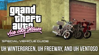 GTA VCS Special Vehicle Guide: UH Wintergreen, UH Freeway, and UH Ventoso
In this Video, I show how to obtain the UH Wintergreen, UH Freeway, and UH Ventoso from the mission The Bum Deal with Mission Pass. After I obtain it, I reload the Save to show that they still there as well the UH Property.
UH means Unique Handling, which are vehicles that turns around different from normal. However of all UH vehicles in the game, only bikes are worth to obtain. You can see they are UH easily by taking turns when driving them around. Everything else can only be seen on save editor like invisible EC2 vehicles, which I dont consider special.
The UH bikes are outside the bar, having 2.0 of handling. Make sure you get them AFTER killing the bikers inside the bar, so the bikes will be at the garage once you check it. Forbes Ventoso is UH but 1.8, which is a inferior and not worth of obtaining it. Theres another UH Ventoso later on at mission Brown of the Dead that has 1.5 of handling, but that bike is worth due being Heavy and Water Proof, which you wont get anywhere else.
The Wintergreen and the Ventoso can be turned into UH/EC Black at the conversion at the mission In the Air Tonight, which I gonna cover eventually. Obviously that cant done with the Freeway, due Black being its default color. GTA VCS Special Vehicle Guide: UH Wintergreen, UH Freeway, and UH Ventoso