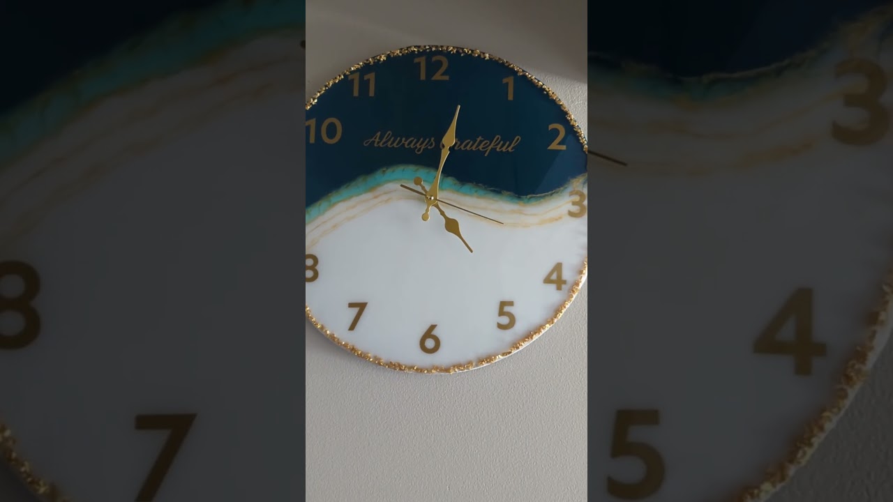 Luxury Peacock Blue Resin Clock | "Always Grateful" Ocean Art Decor