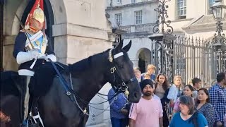 Kings guard moves his horse forward for a disabled woman to stroke rude tourist gets in between