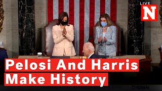 Watch Biden Acknowledge Historic Moment With Harris, Pelosi At First Address To Congress