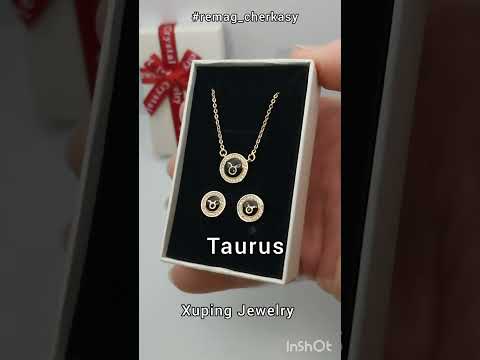 Подарок девушке набор "Знак зодиака Телец" колье и серьги покрытие медзолото 18К в бархатной коробочке, видео 2
