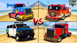 Race Truck vs Fire Truck vs Police Van vs Long Truck - GTA 5