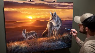 Landscape Oil Painting &quot;The Setting Sun&quot; - Coyotes at Sunset