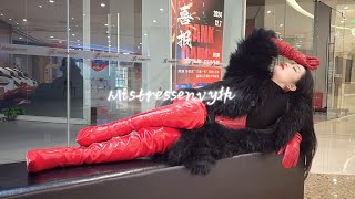 Mistress At The Art Gallery Orange Hermès, Black Fur, Sungles & Red Patent Leather Boots