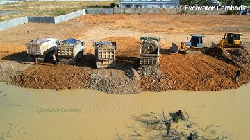Episode 9 Double Komatsu Dozer Using Power Pushing Stone Filling Up & Team Truck Working Unloading