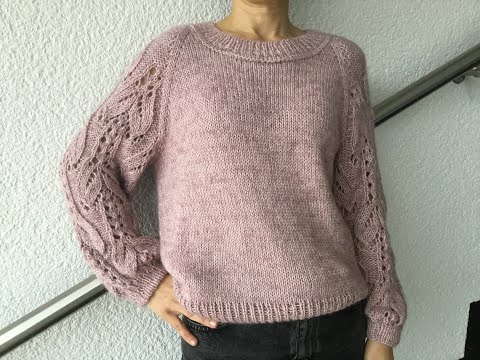 Пуловер с ажурными рукавами реглан спицами