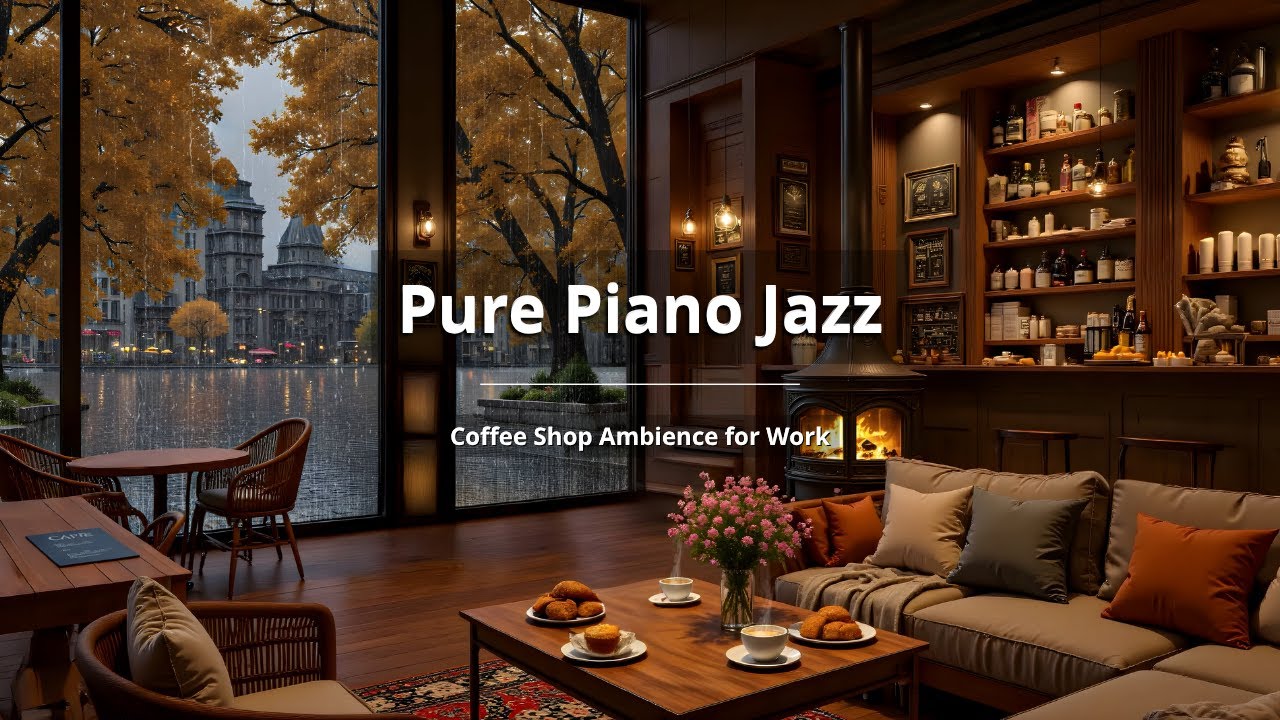 (NO ADS) 🎵 Cozy Autumn Coffee Shop Ambience 🍁 Smooth Piano Jazz & Rain ...