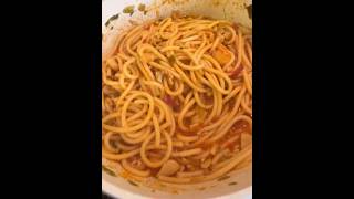 BUCATINI   with white & red clam sauce plus eggplant over a Lost Nation