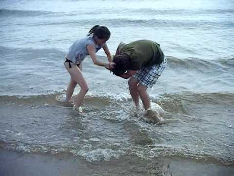 Cindy and Spencer (mom and Son) Wrestling in Lake Michigan, Ludington.