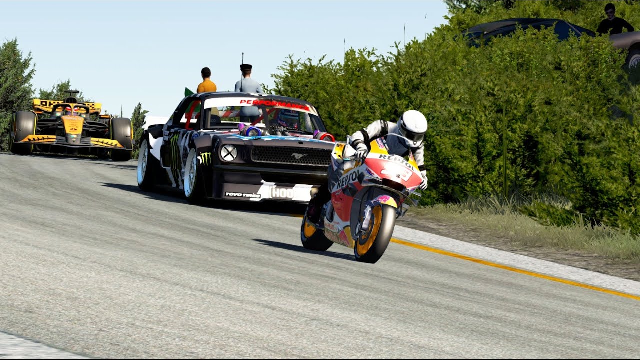 MotoGP 20 Honda RC213V vs Ken Bock Ford Mustang Hoonicorn vs F1