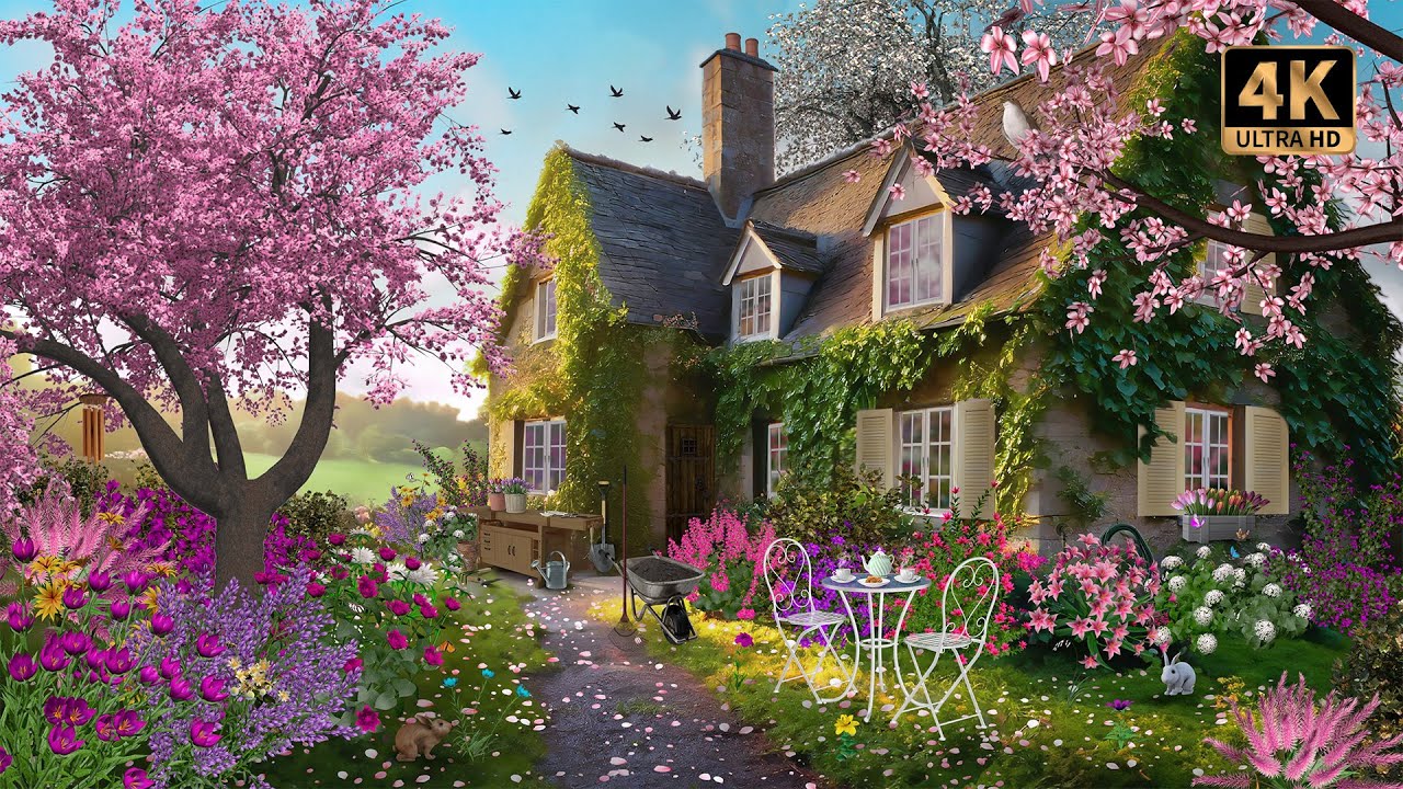 Spring Cottage Ambience with Birds, Flowers & Wind Chimes for Relaxation, Reading & Sleep | 4K 🌸🌷🐇