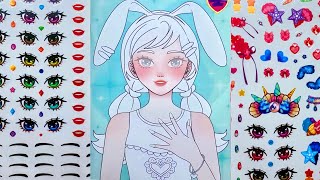 ✨ Diy Beauty✨ Relaxing Coloring: Pink Bunny Girl with Cute Makeup Stickers 🎀🐰