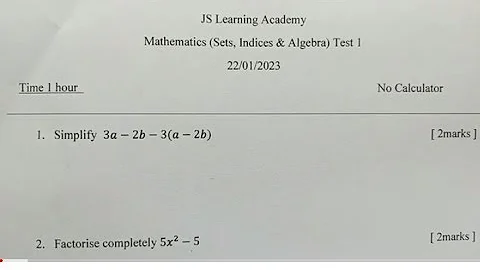 Sets, Indices, and Algebra Test 1 - JS Learning Academy