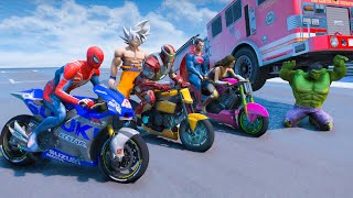 MOTORCYCLE RACE WITH SPIDER-MAN AND SUPERHEROES - FIRE ENGINE OBSTACLE COURSE