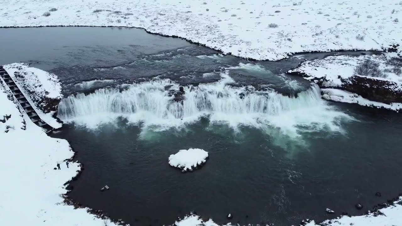 Faxi waterfall from drone. Iceland 03.03.2022