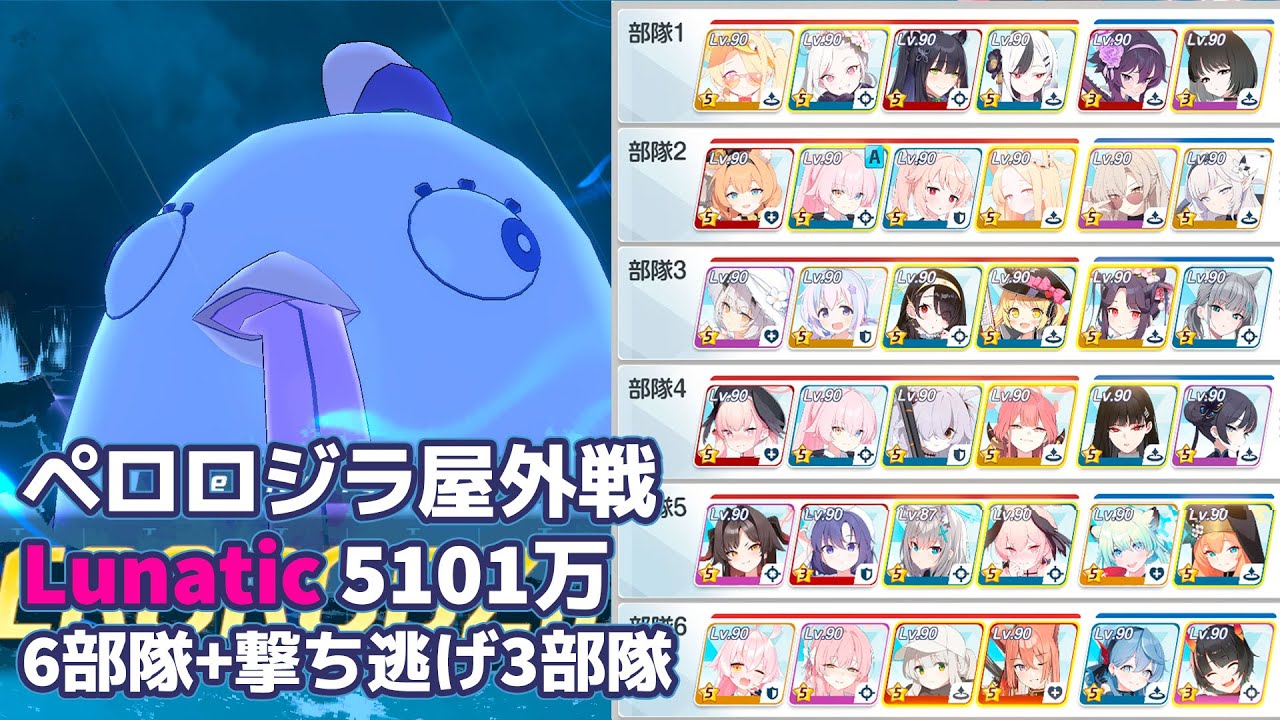 【#ブルアカ】ペロロジラ屋外戦　Lunatic 6部隊+3部隊　51,017,354【総力戦】
