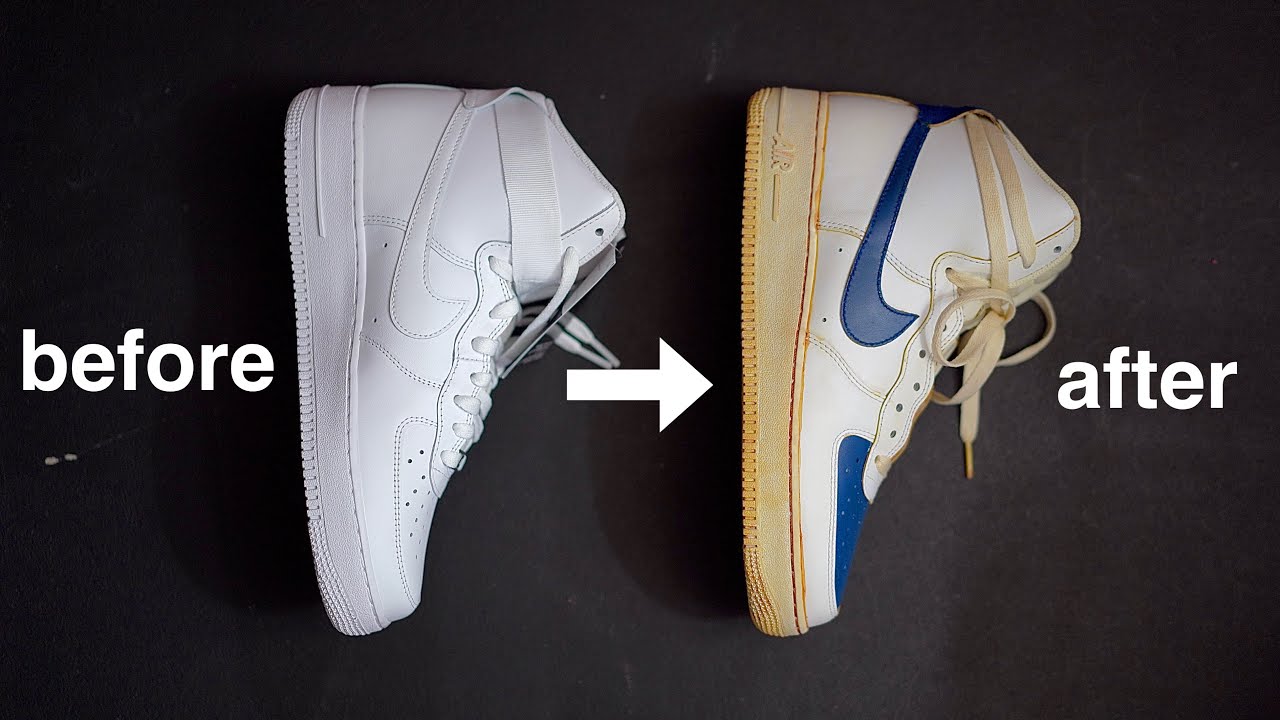 【スニーカーカスタム】エアフォース1 NIKE AIR FORCE 1 HIGH  をヴィンテージカスタムしました。大人でも履きやすい色合いとハイカットならではのシルエット。VINTAGE　custom