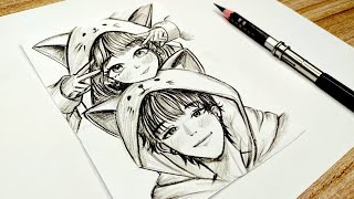 Soft Aesthetic: Drawing a Cute Couple in Cat Hoodies 🎀🐾 screenshot 2