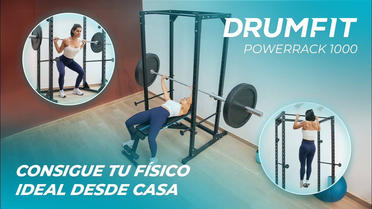 Gaiola para treinos Drumfit PowerRack 1000 Power Rack com cargas altas e pull-ups.