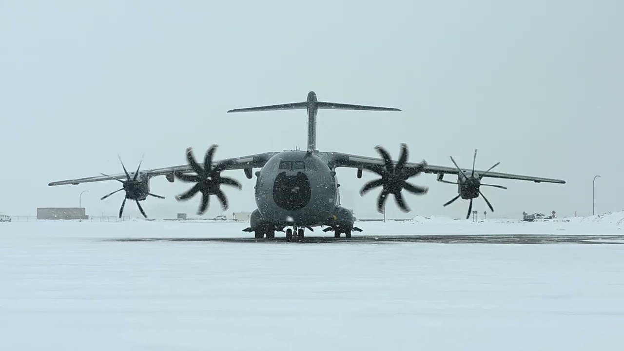 Royal Air Force (RAF) Airbus A400M Engine Start-up, Prop Angleing, and Taxi at Snowy MSP Airport