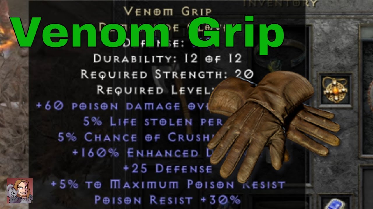 D2R Unique Items Venom Grip (Demonhide Gloves) YouTube