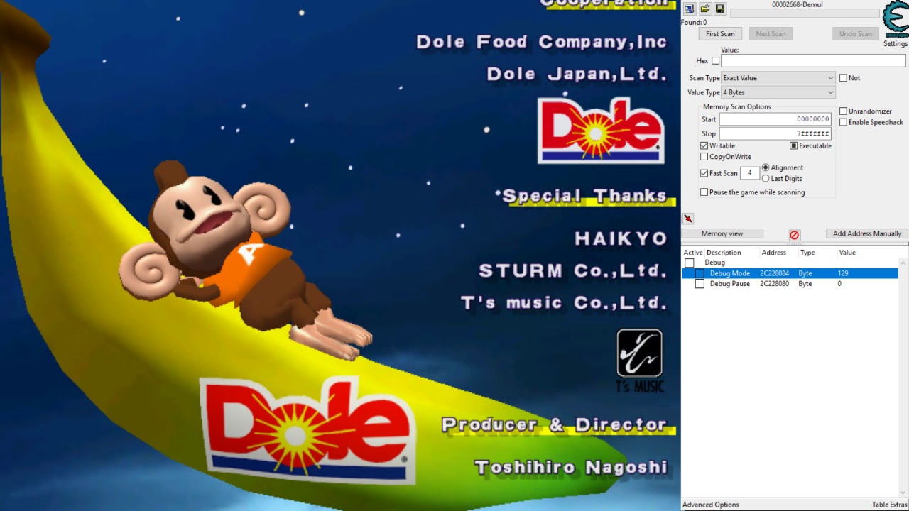 Monkey Ball (NAOMI) - Ingame Debug Menu - To access this menu, set address 2C228084 to 1. This toggles Debug Mode. Set address 2C228080 to 3. This toggles Debug Pause. Then press P2 PUSH2 + P2 PUSH4.