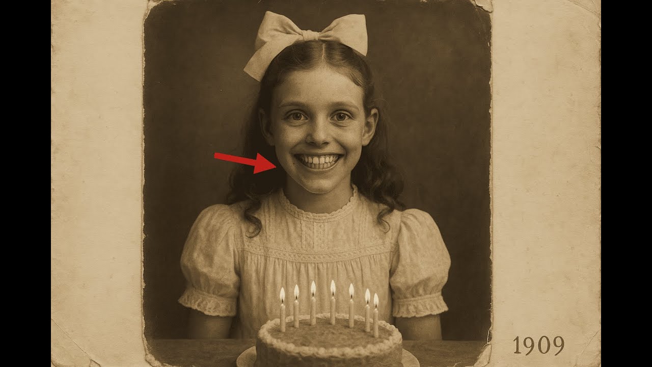 Именинница 1909 года улыбается, но при увеличении видны взрослые зубы во рту