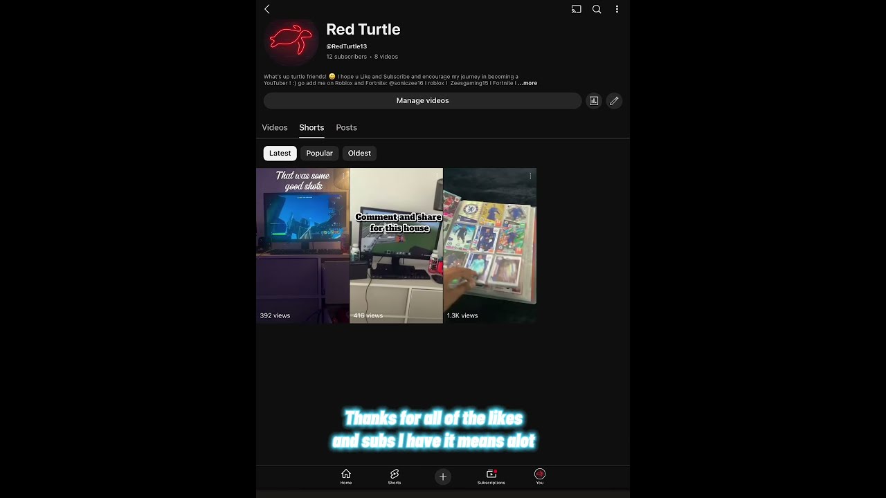 Thanks Turtle Freinds It Means ALOT I Hope U Keep Supporting Me During My Journey 