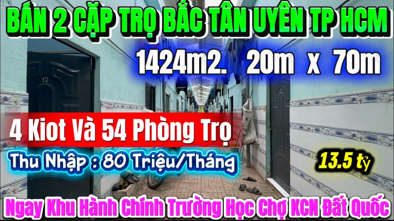 Bán 2 Cặp Trọ 1424m2 Thu Nhập 80 Triệu/Tháng Gần Khu Hành Chính Chợ Trường Học 123 KCN Đất Quốc
