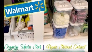 CLEAN AND ORGANIZE UNDER THE SINK | REPAIR STAINED CABINET |Shop With Me Walmart | MOOREGIRL