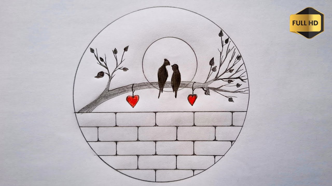 Как нарисовать влюбленных птичек карандашом | Простой и красивый рисунок в круге