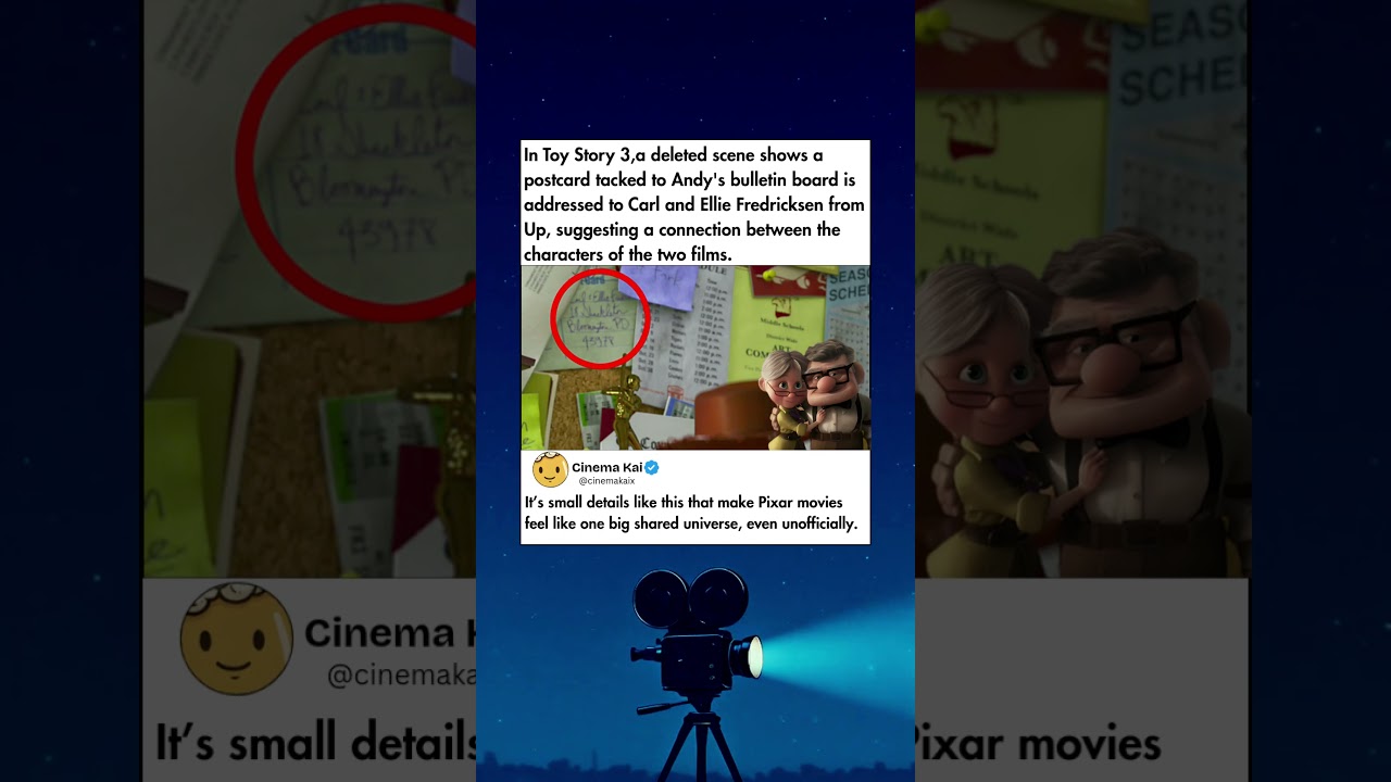 In Toy Story 3,a deleted scene shows a postcard tacked to Andy's bulletin board is addressed to Carl