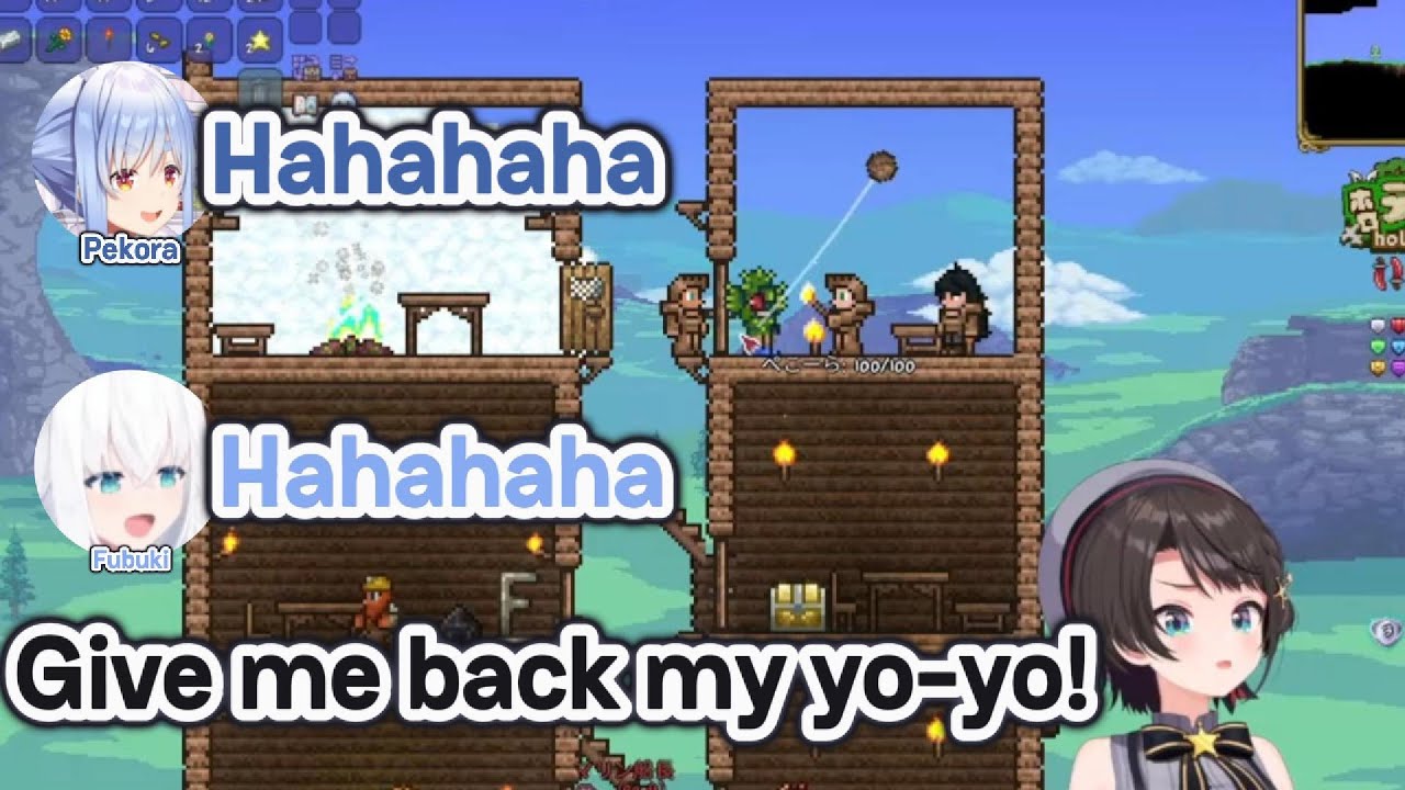 Everyone laughing over Subaru's weapon in Terraria