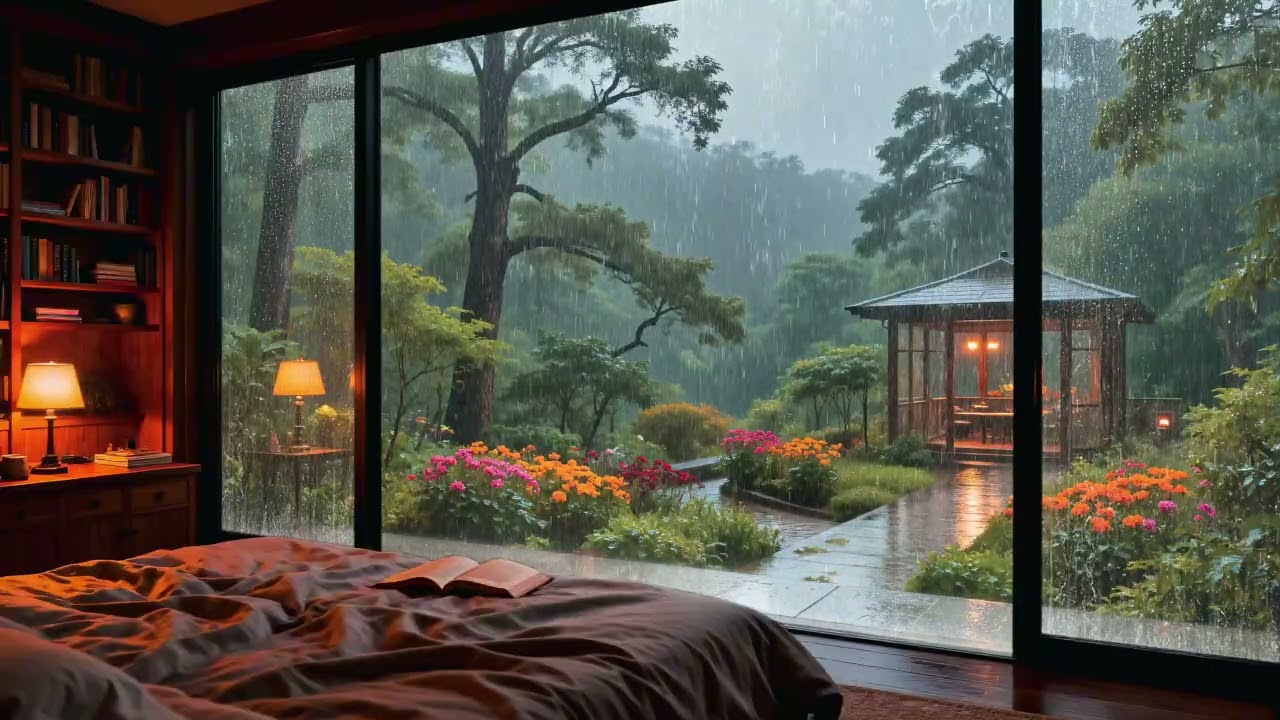 Relieve Daily Fatigue 🌧️ Slow Piano Music & Heavy Rain in Warm Room to Sleep