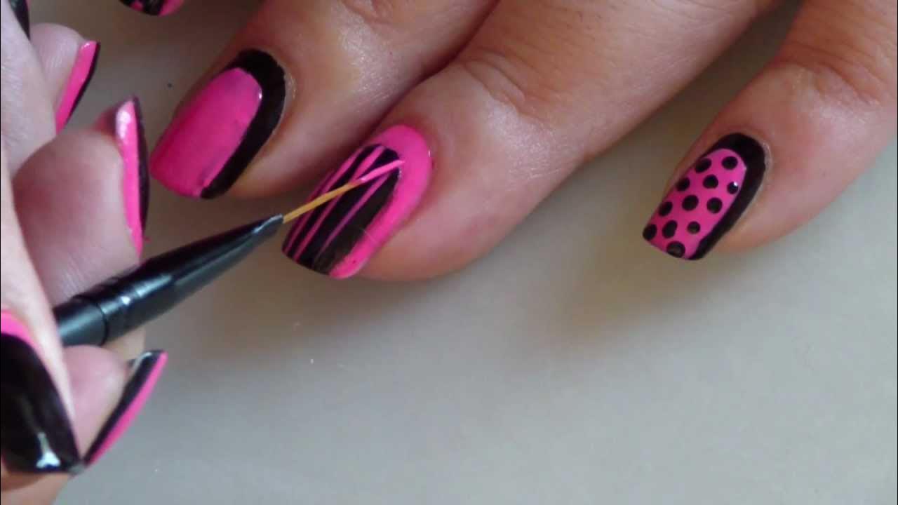 Manicura facil estampado, lunares y lineas - YouTube