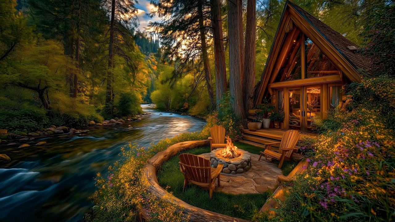 Rest Here by the Forest River… A Quiet Cabin Porch with Birds and Warm Fire