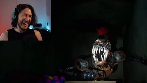 Markiplier laughing hysterically at Monty being a dog in the fnaf ruin dlc