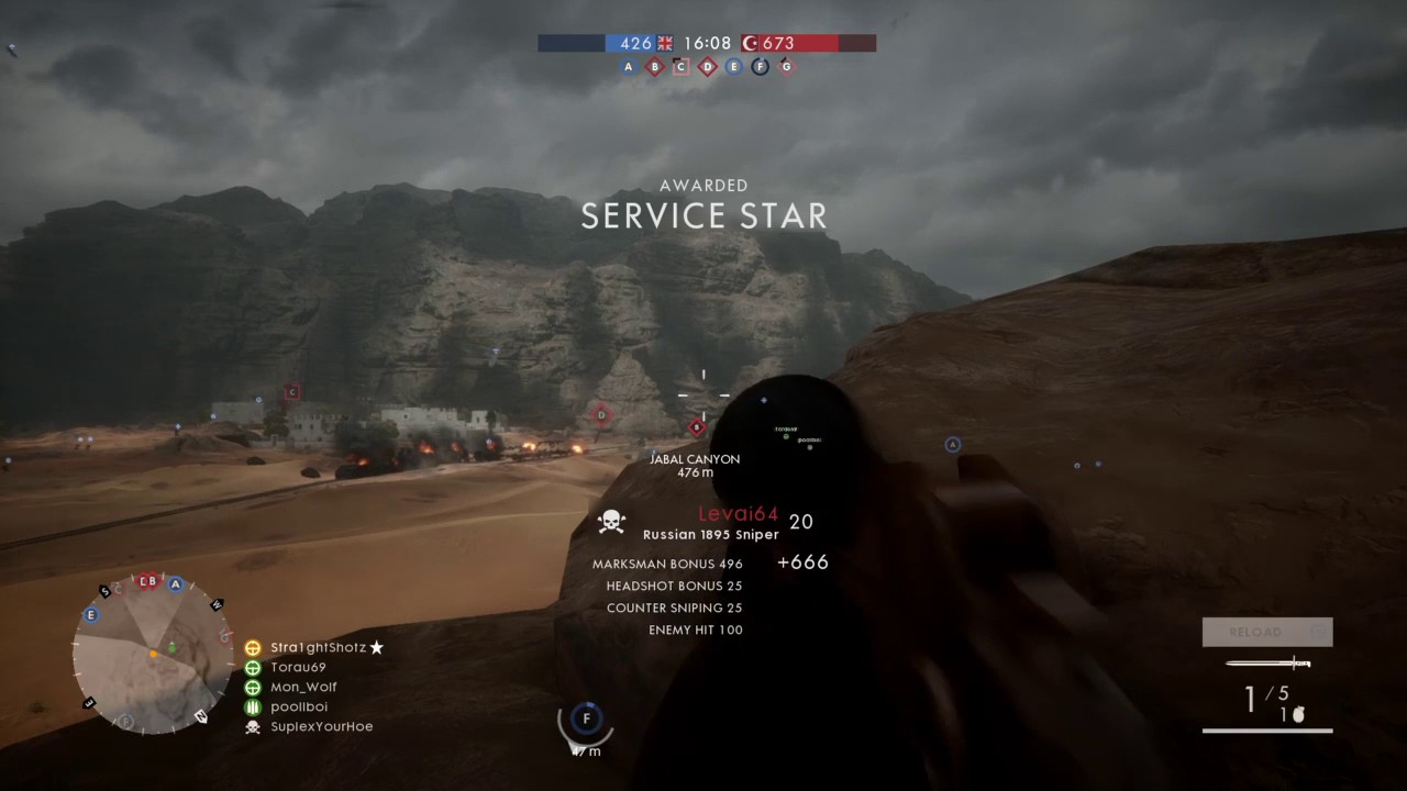 Battlefield 1 500m sniper headshot bullet drop
