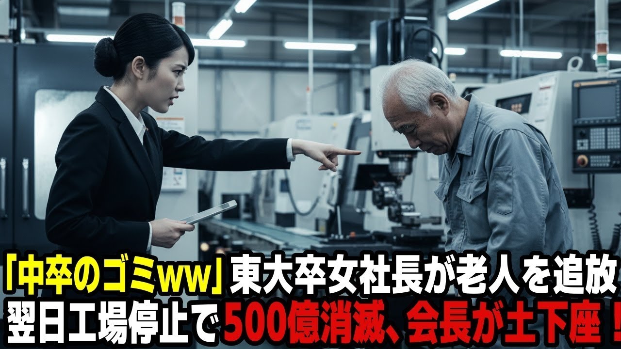 「中卒のゴミは消えてww」東大卒女社長が70歳熟練工を追放→翌日、工場全停止で500億が消滅、会長が青ざめて土下座…
