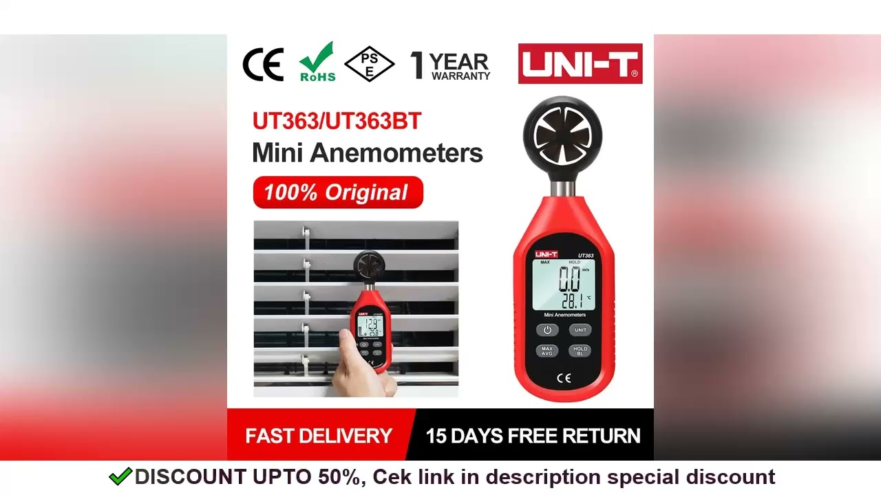 UNI-T UT363 UT363BT Wind Speed Tester Digital Mini Anemometer Sensor LCD Backlight 0-30m/S Temperatu