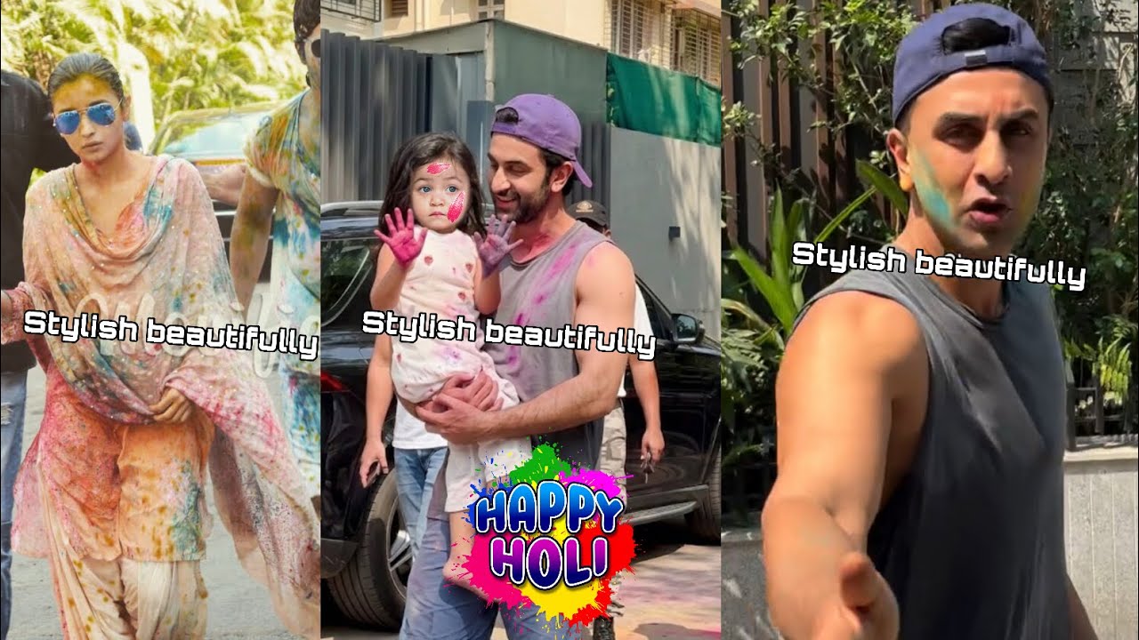 Pregnant Alia Bhatt with raha kapoor ranbir kapoor playing holi outside new bungalow !!Cute raha 
