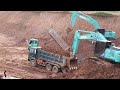 Amazing loading trucks Kobelco excavator group land excavation operator