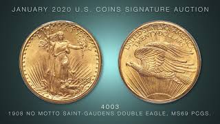 1908 $20 No Motto, Wells Fargo Nevada, MS69 PCGS. Saint-Gaudens