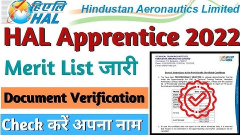 HAL ITI Apprentice 2022 Merit List & DV Date, Hindustan Aeronautics Limited Apprentice Merit List