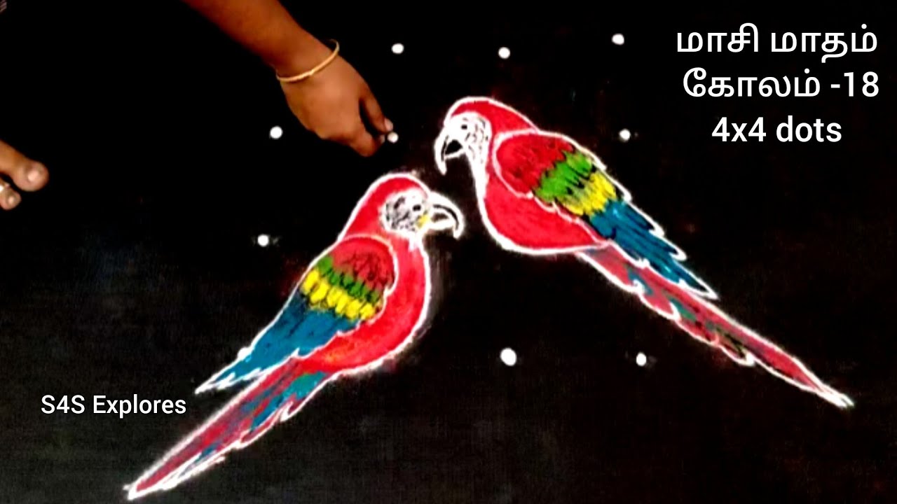 மாசி மாதக்கோலம்-18 🌼 பஞ்சவர்ணக்கிளி கோலம் #s4sexplores #dailykolam #parrotkolam #colourfulkolam