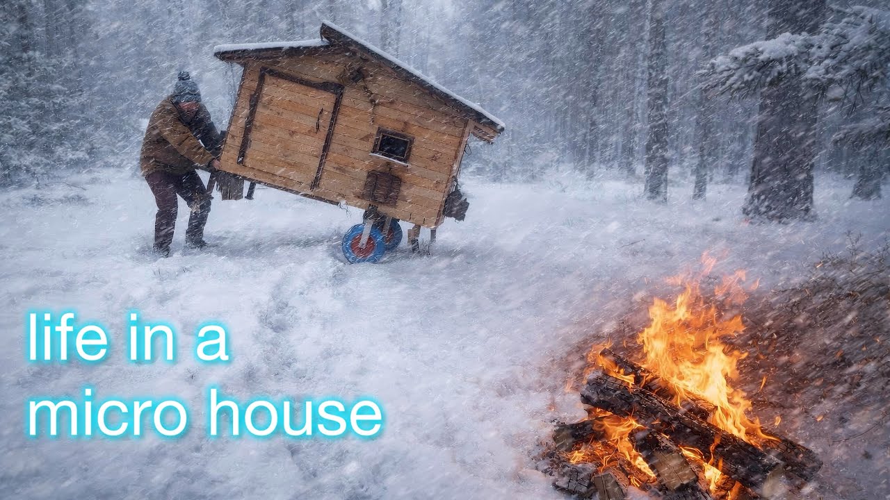 Dragged a small and heavy house into the winter forest. Comfortable life in the wild