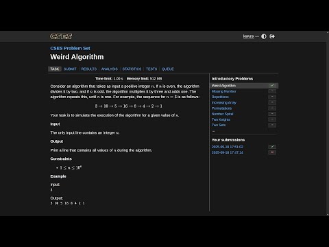 CSES Problem Set Weird Algorithm