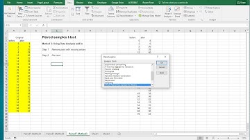 Excel - Paired samples Student t-test - method 3 (using data analysis add-in)