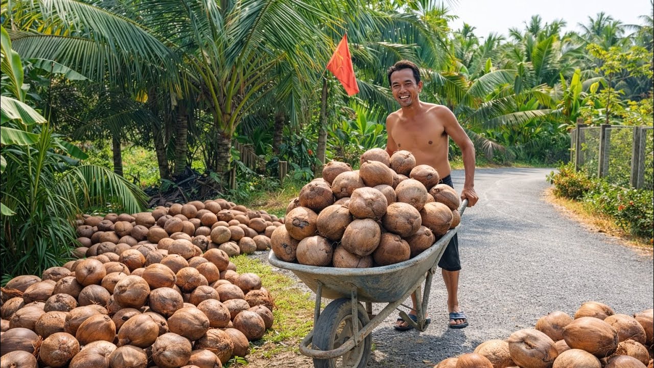 Hard Work in the Countryside | Harvesting and Selling Dry Coconuts